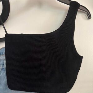 Aritzia Black Ribbed One-Shoulder Crop Top